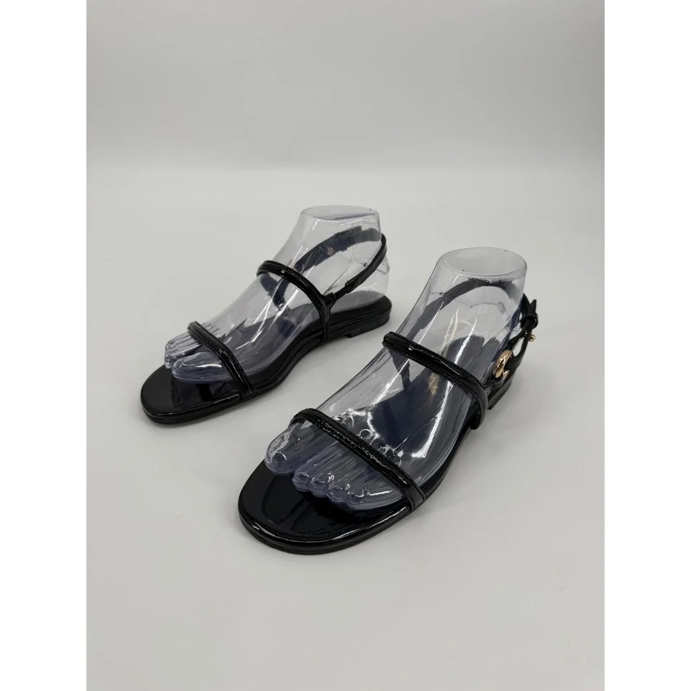 J.Crew Women Black Patent Leather Strappy Slingback Flat Sandals Size 6.5